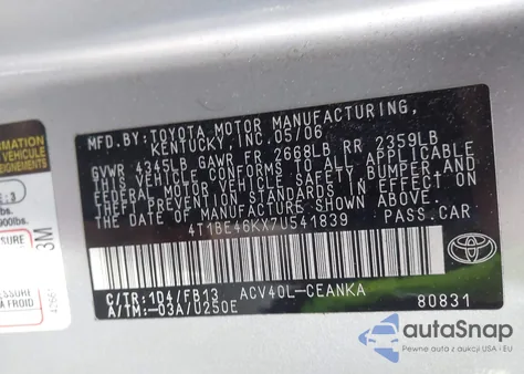 2007 Toyota Camry Le from USA, damaged, VIN 4T1BE46KX7U541839